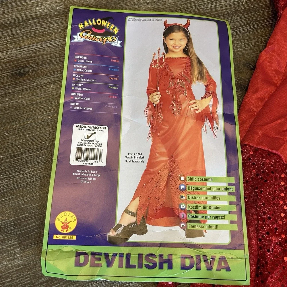 Rubie's Devilish Diva Girls Devil Costume Medium 8-10 Dress Horns Halloween